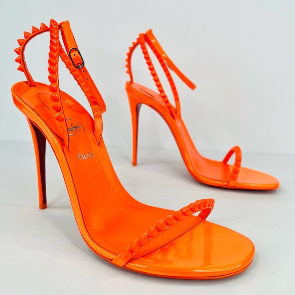 CHRISTIAN LOUBOUTIN So Me 100mm Studded Fluo Neon Ankle Strap Heel Sanda…